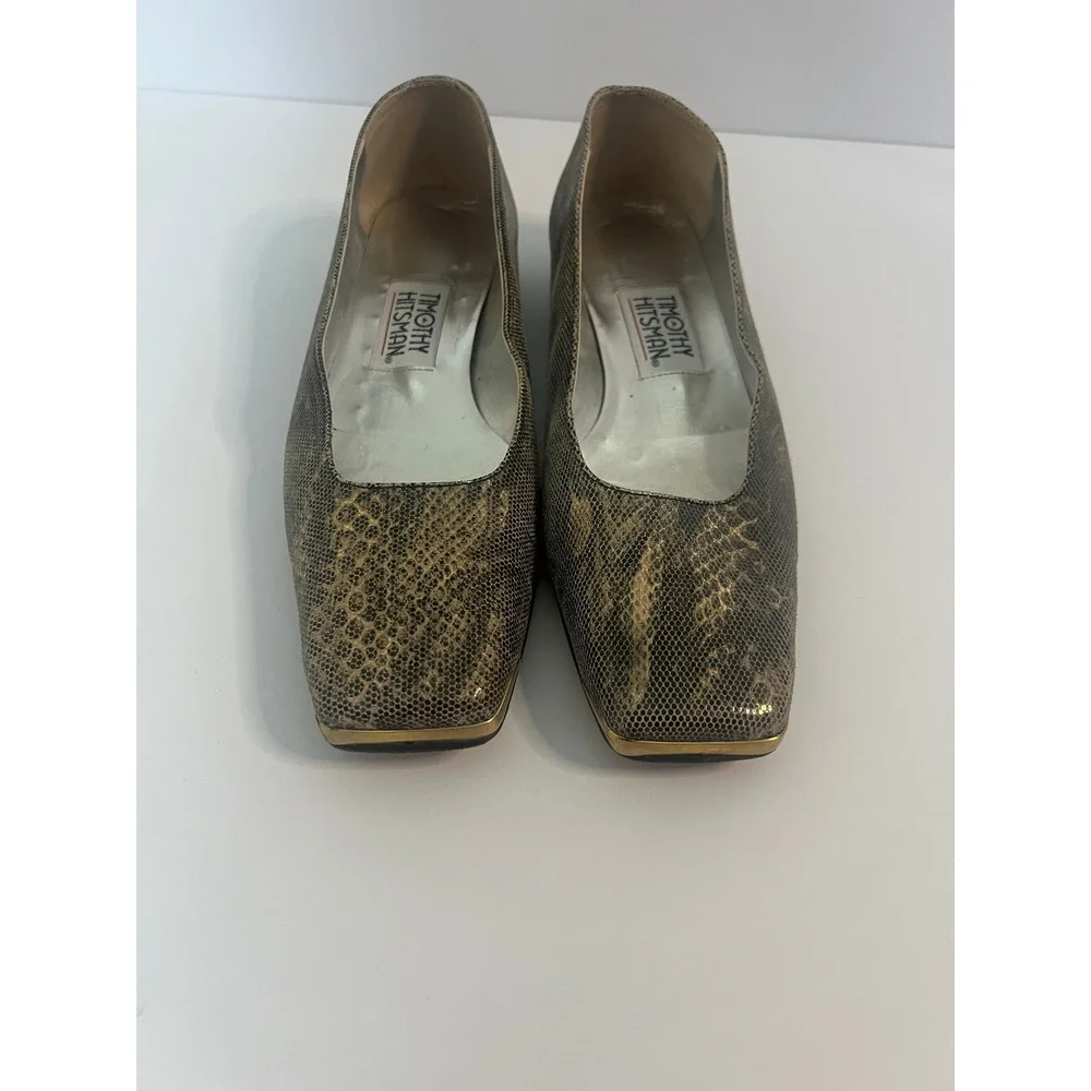 Timothy Hitsman Womens Snakeskin Embossed Square Toe Flats Gold Metallic Vintage